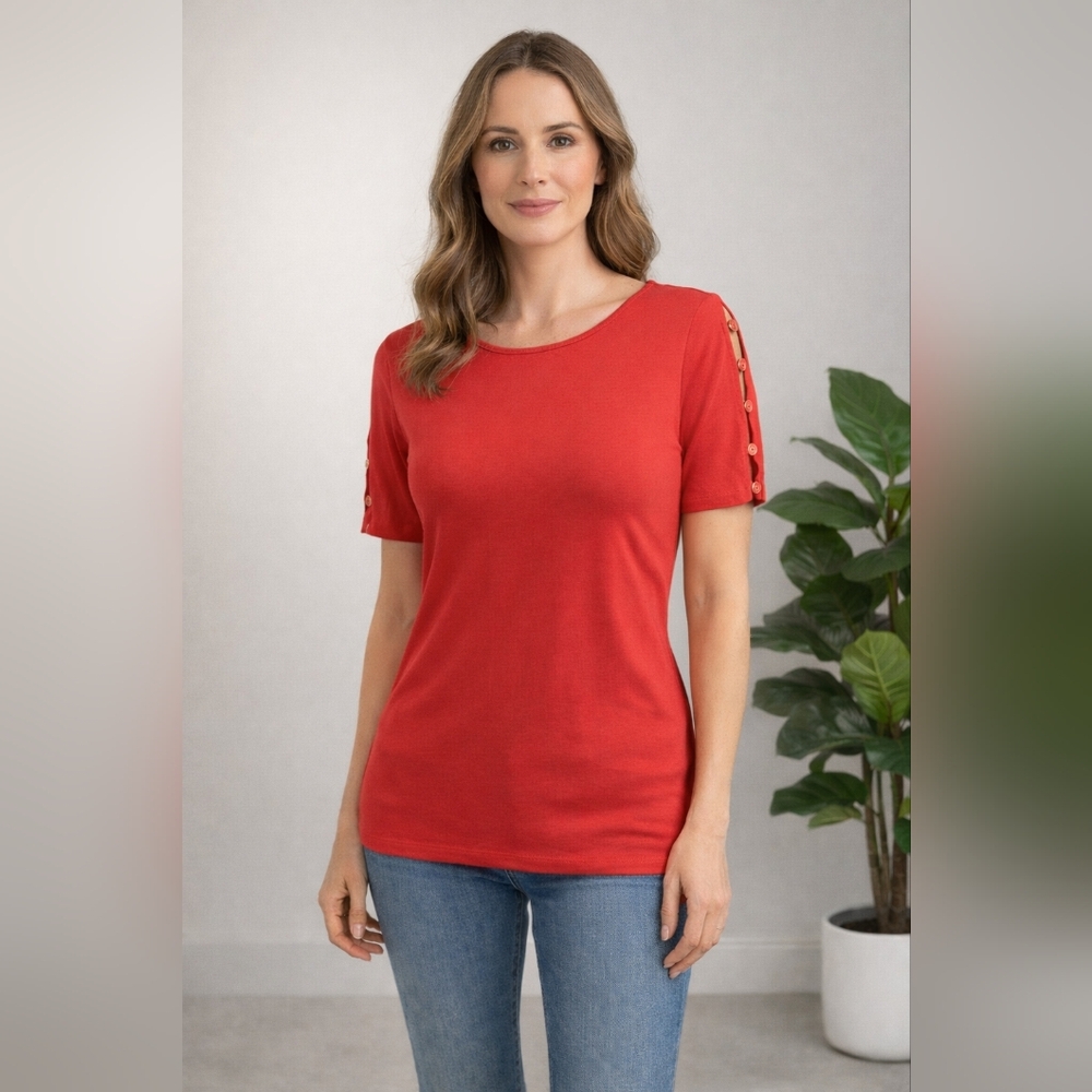 Cable & Gauge Coral Orange Fitted Top With Button Details sz M